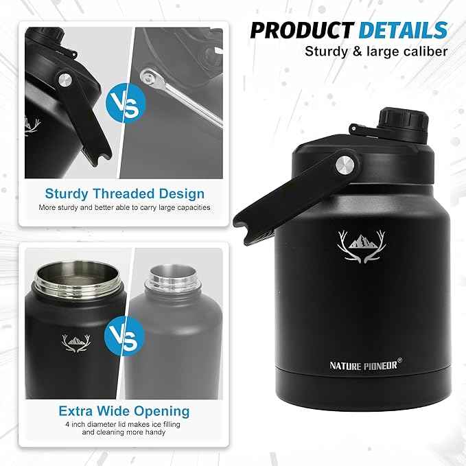 NATURE PIONEOR 84 oz Insulated Water Bottle - Double Vacuum Stainless Steel Water Jug with Holder/Carrier, Wide Mouth, Outdoor Sports, Hiking, Camping, Gym
