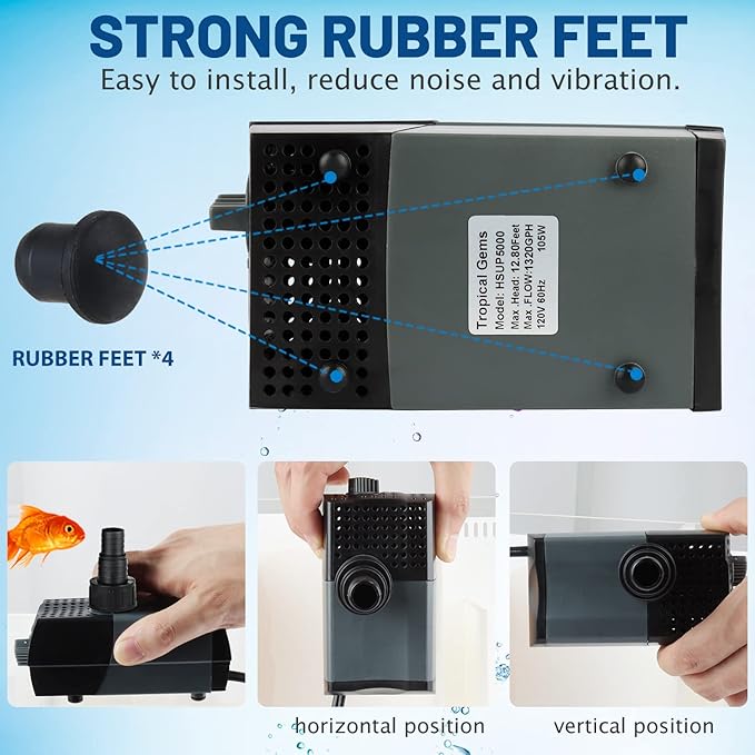 WaterRebirth HSUP5000F Versatile Submersible Pump - Fountain Jets for Ponds, Fish Tanks, Water Gardens - Aquarium & Pond Pump (5000L/H) - AquaVibe