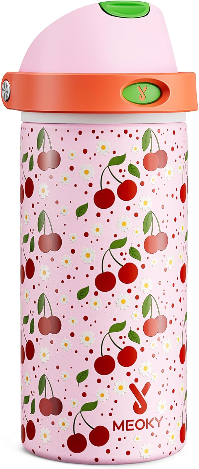 18 oz Insulated Water Bottle for Kids: Meoky Stainless Steel Water Bottle with 2-in-1 Straw and Spout Lid - Leak Proof, Cold for 24 Hours, BPA-Free for Girls School Sports, Sweet Cherry