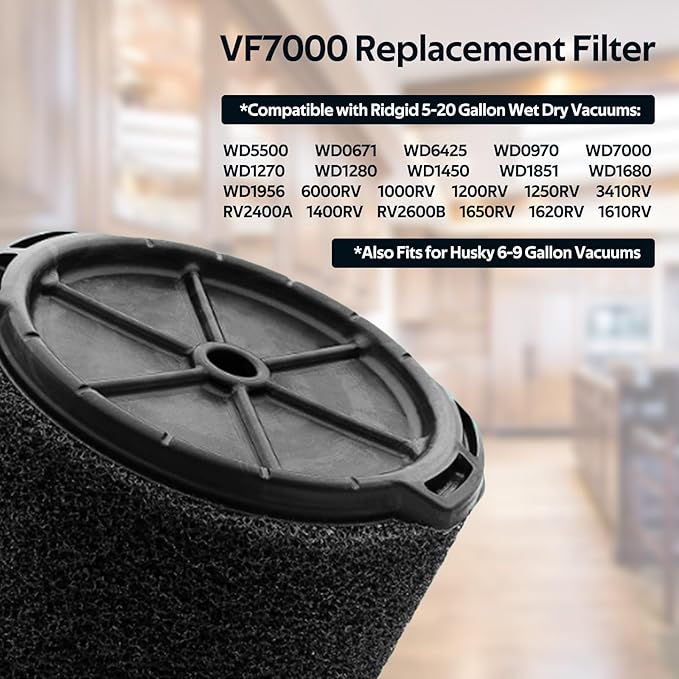 2 Pack VF7000 Replacement Filter Compatible with Ridgid 5-20 Gallon and Husky 6-9 Gallon Wet/Dry Vacuums Foam Wet Application Only Vac - AquaVibe