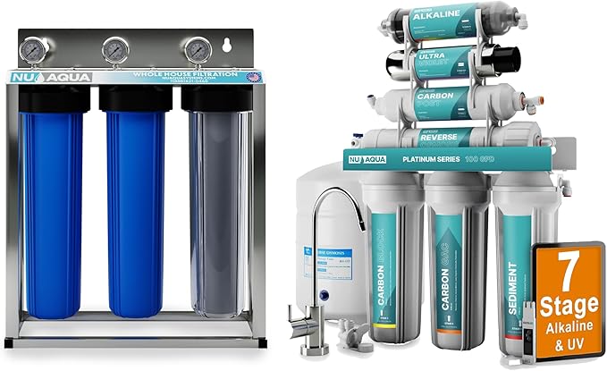 NU Aqua 7-Stage UV and Alkaline Under Sink Reverse Osmosis Water Filter System + 3-Stage Whole House Water Filtration System - RO Filtration - Faucet & Tank