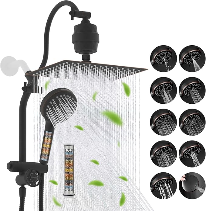 Hibbent Dual Filter All Metal 12" Rainfall Showerhead Combo, High Pressure Filter Shower Head with 10-Spray Handheld, 4-way Diverter with Pause Mode, 71'' Shower Hose and Holder, Oil Rubbed Bronze