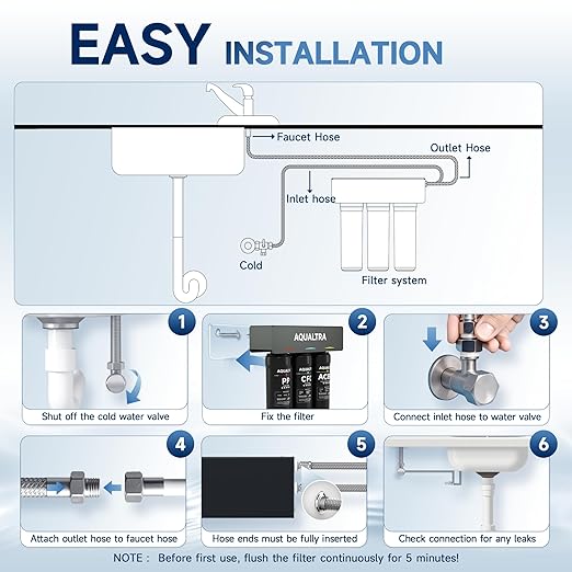 AQUALTRA USF-3B-10 Slightly Alkaline Under Sink Water Filtration System, 8000-32000 Gallons Under-sink Water Filter, 0.5 μm Carbon Fiber Filter Reduces Chlorine, Chloramine, Fluoride, Bad Taste & Odor