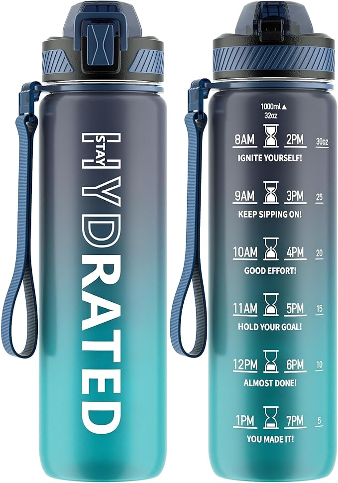 Water Bottle with Straw, 32oz Motivational Water Bottles with Time Marker to Drink, Tritan BPA Free, 1L Sports Water Bottle with Carry Strap LeakProof for Women Gym Fitness Outdoor (1 Pack)