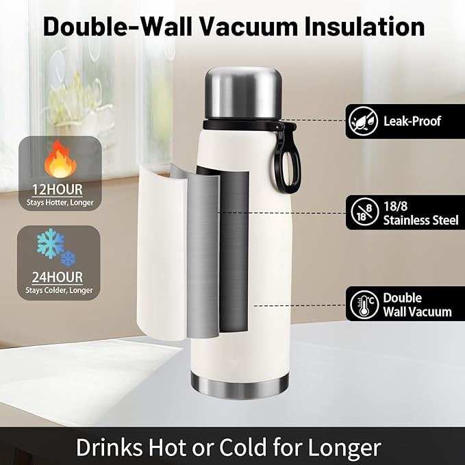 20oz Stainless Steel Insulated Water Bottle Travel Coffee Cup with Lid Leak Proof Metal Water Bottle for Hot and Cold Drink Water Flask (White)