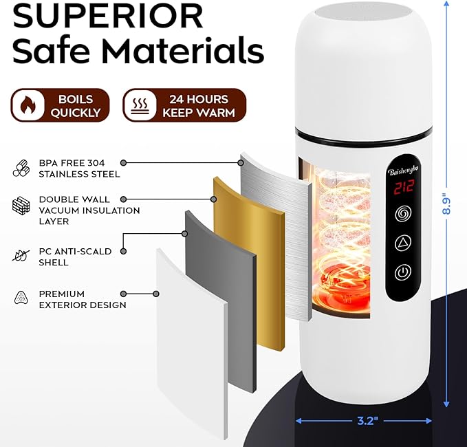 Car Kettle, Portable Electric Travel Kettle, 12V/24V Car Coffee Warmer,420ML Hot Water Heater with Built-in Magnetic Induction Stirring,Mini Hot Water Boiler for Tea Coffee Milk