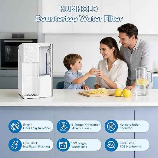 Reverse Osmosis Water Filter Countertop 4:1 Pure to Drain, 5-Stage RO Water Filtration with UV Portable Countertop Water Filters for Home & RV with Instant Hot Water and 4 Temperature Settings