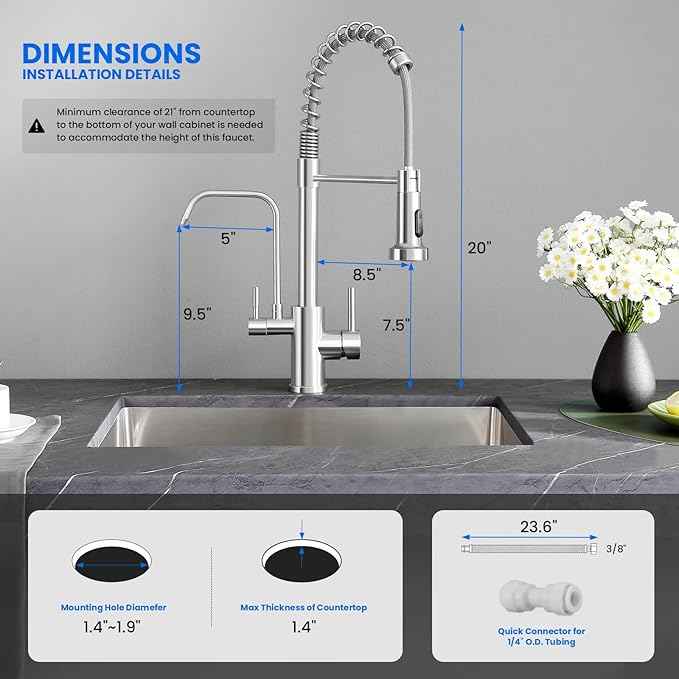 POPFLY Kitchen Faucet with Drinking Water Faucet, 3 in 1 Pull Down Faucet with Purfied Water Faucet, 2 Handle Spring Kitchen Water Filter Faucet, Brushed Nickel