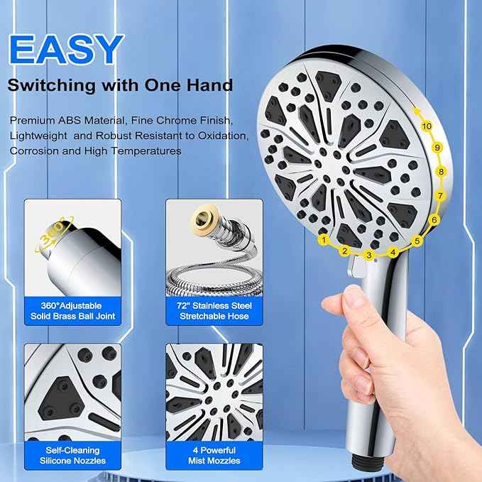 Filtered Handheld Shower Head with Magnetic: SOMDARHK High Pressure Rain Shower Head Filter 10-Spray Modes with Power Wash 72" Hose for Hard Water/Tub Cleaning/Dog Bathing (Chrome)