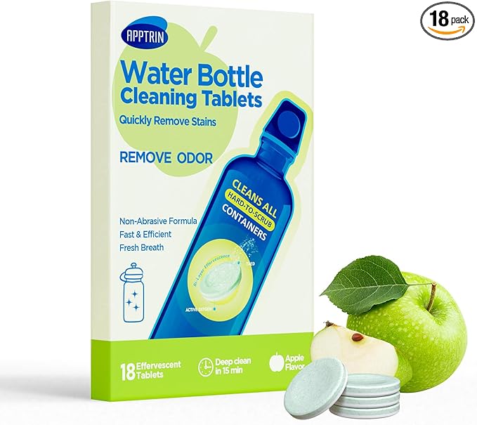 Water Bottle Cleaning Tablets, 18 Pack Bottle Clean Tablet Hydration Bladder Cleansing Tablets for Hydration Bladder, Water Bottle, Individually Packed, Apple Flavor