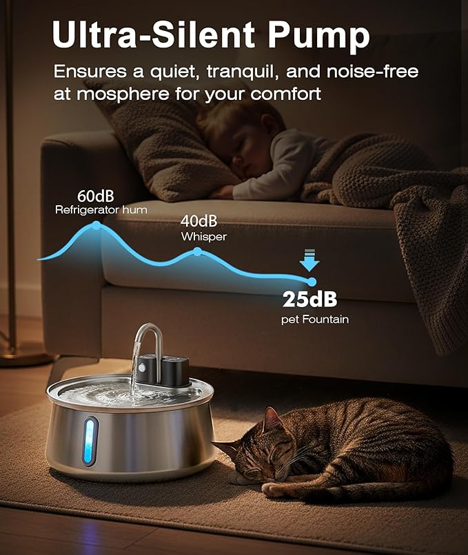 CEESC Cordless Cat Water Fountain Stainless Steel, 4L/135oz Automatic Pet Water Dispenser with Motion Sensor, Multi-Filtration, Ultra Quiet Pump, Long-Lasting 4000mAh Battery for Indoor Cats & Dogs