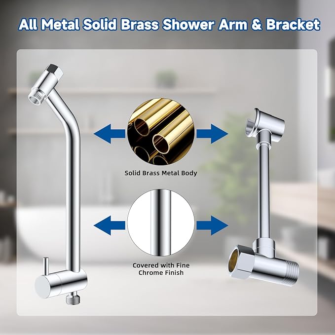 All Metal Dual Shower Head Easy Reach, High Pressure 10-Spray Handheld Shower & 6" Round Rainfall Shower Head Combo, Shower Extension Arm, 71" Hose, 3-way Diverter, Brass Shower Bracket, Chrome