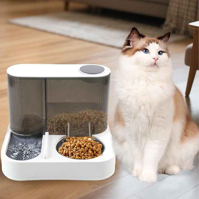Automatic Gravity Cat Feeder with Stainless Steel Food Bowl, 2 in 1 Cat Feeder and Water Dispenser Combo Detachable Pet Water and Food Dispenser Set for Puppy Kitten Small Dog(Gray)
