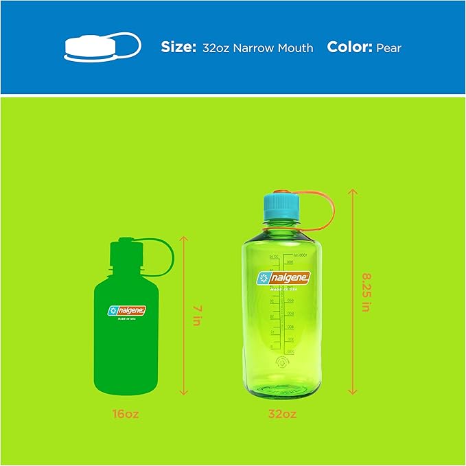 Nalgene 32 oz Narrow Mouth Water Bottle | BPA-Free, Durable & Leak Proof, Lightweight Bottle for Gym, Office & Travel, Pear