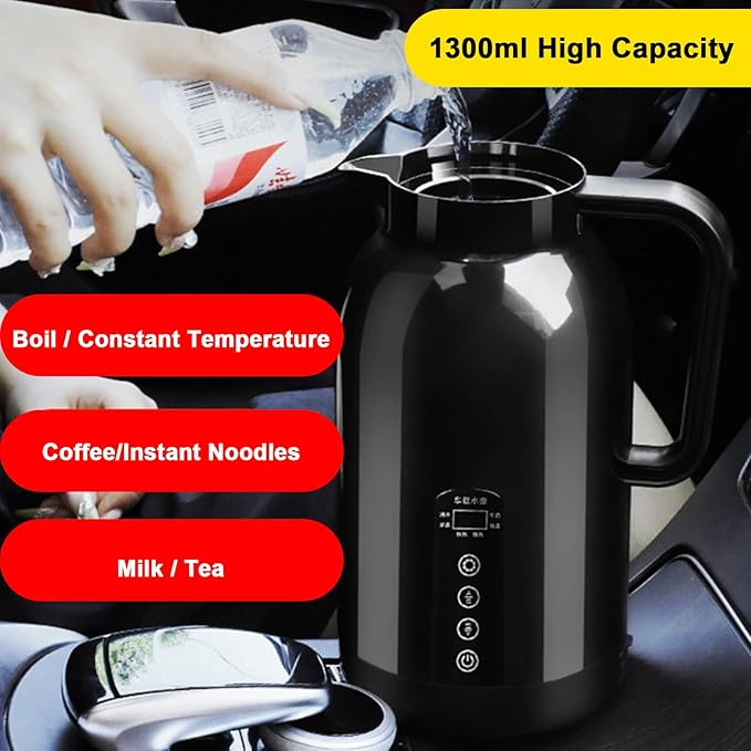 Car Electric Kettle, LED Display 1150ml, Car Water Heater Tea Kettle, for Travel Commuting Family Outing Tea Coffee Milk Instant Noodles
