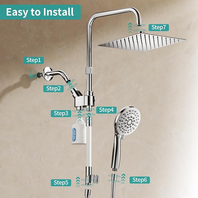 MIAOHUI High Pressure Rain Shower Head with 7 Settings Handheld Spray, Dual Shower Heads with Handheld Spray Combo, 10 Inch Luxury Rainfall Shower Head and Handle Set with Filter (Chrome)