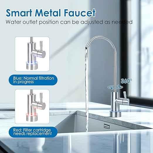 Under-Sink Tankless Reverse Osmosis Water Filter, Reverse Osmosis System, 600 GPD Water Filter, 2:1 Pure to Drain/Under Sink RO System/7 Stage Filtration, Smart Faucet Reminder for Home Office