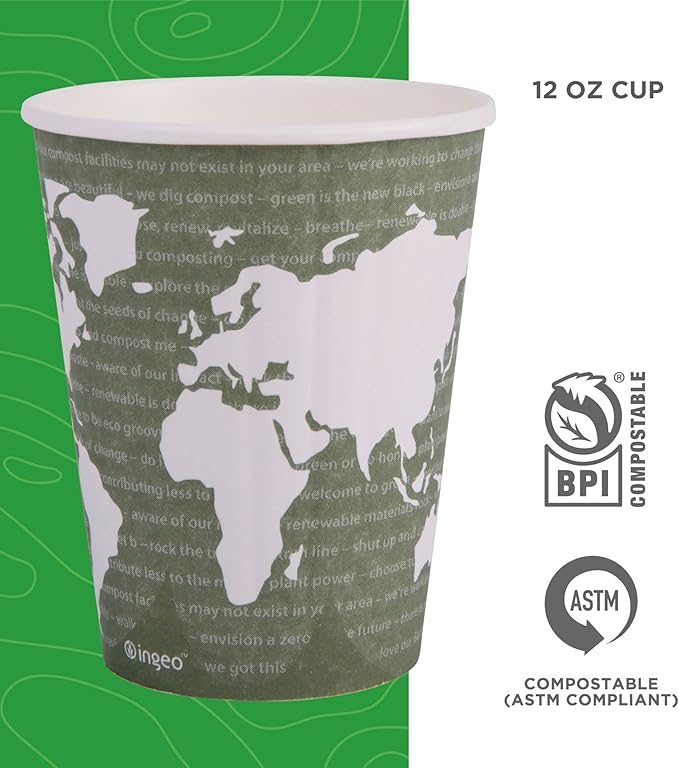 ECO PRODUCTS Compostable Disposable Insulated World Art 12oz Coffee Cups, Case of 600, Renewable Double-wall Hot Paper Cup, Plant Based PLA Lining, No Sleeves Needed, Color Coded