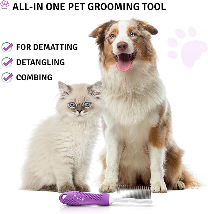 Poodle Pet Detangling Pet Comb with Long & Short Stainless Steel Teeth for Removing Matted Fur, Knots & Tangles – Detangler Tool Accessories for Safe & Gentle DIY Dog & Cat Grooming - AquaVibe