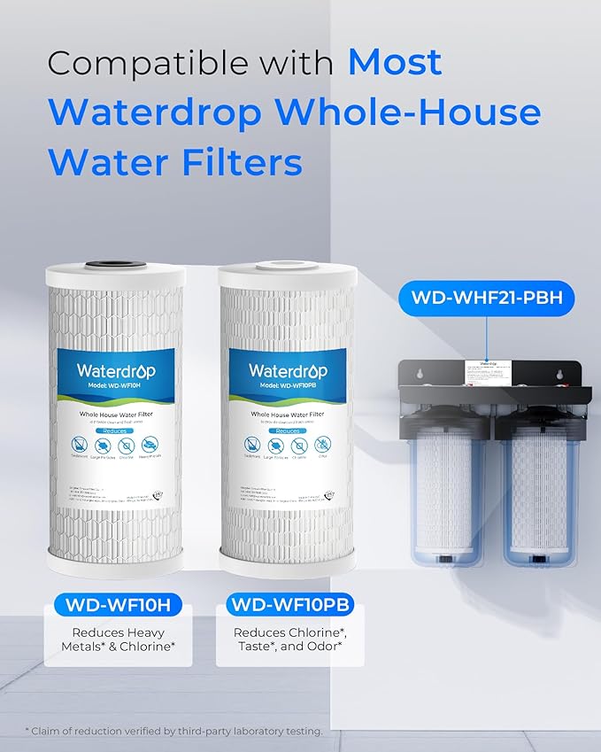 Waterdrop Whole House Water Filter, Sediment Filter Reduce Heavy Metals, Cartridge Replacement for GE® FXHTC, GXWH40L, iSpring, Culligan® RFC-BBSA, Whirlpool®, Any 10" x 4.5" System, 5 Micron - AquaVibe