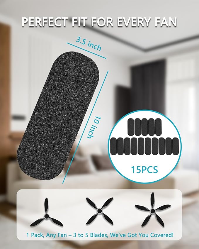 JUIN Ceiling Fan Filters for Blades: Universal Activated Coconut Shell Carbon Filter Unscented Easy-Stick Ceiling Fan Air Filters for Home Office Bedroom Common Household Contaminants (15 Pack)