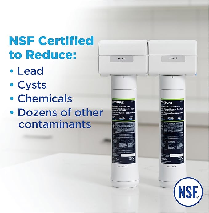 EcoPure ECOP20 2 Stage Under Sink Water Filter System – NSF-Certified to Reduce 58 Contaminants – Clean Drinking Water – Easy Filter Changes – Includes Chrome Faucet & Filters