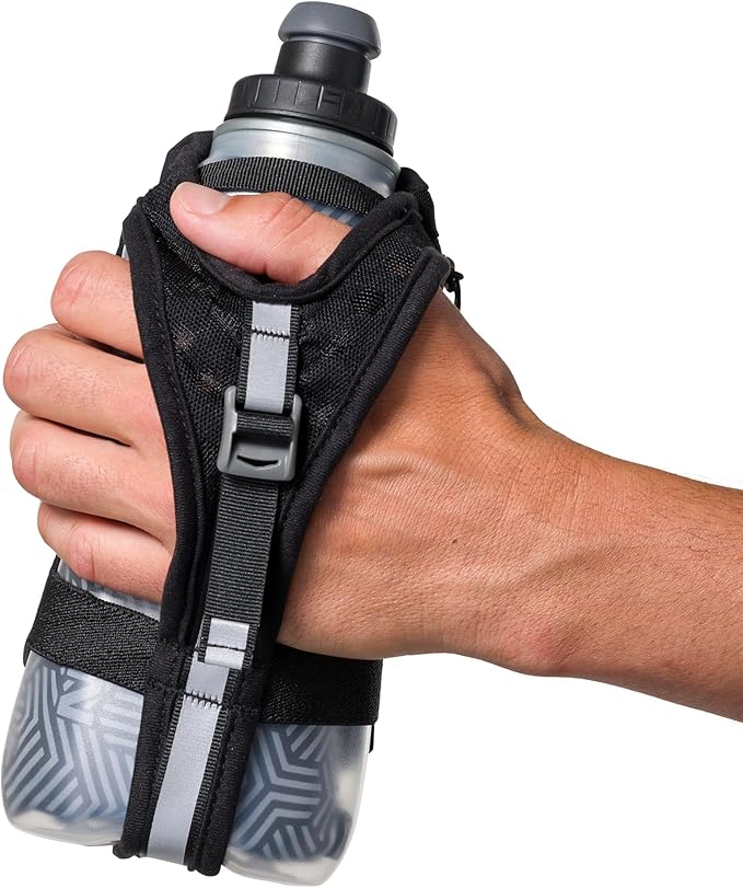 Nathan SpeedDraw 2 Insulated Handheld Running Water Bottle Flask – Double-Wall Insulation, Ergonomic Grip, Blast Valve Cap, Phone & Key Storage Pockets, Reflective Design - 18oz Insulated - Black