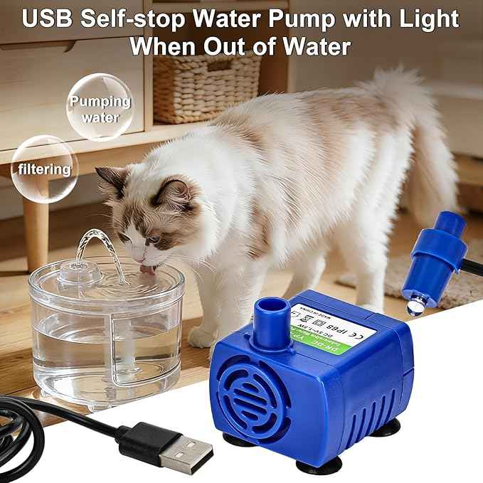 Submersible Water Pump, Small USB Quiet Cat Water Fountain Pump for Pet, Fish Tank, Aquarium DC5V 1.5W 200L/H with Light (4, Blue)