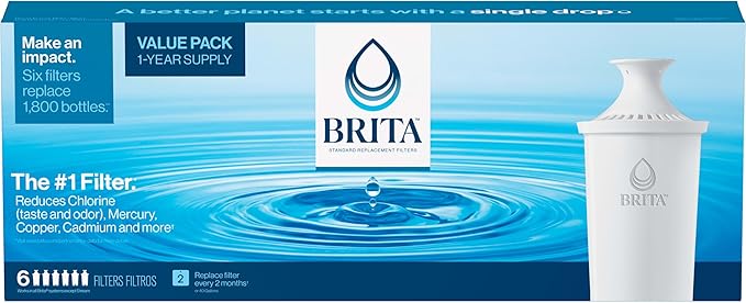 Brita Standard Water Filter for Pitchers and Dispensers, Reduces Copper, Cadmium and Mercury Impurities, Lasts Two Months or 40 Gallons, Includes 6 Filters for Pitchers