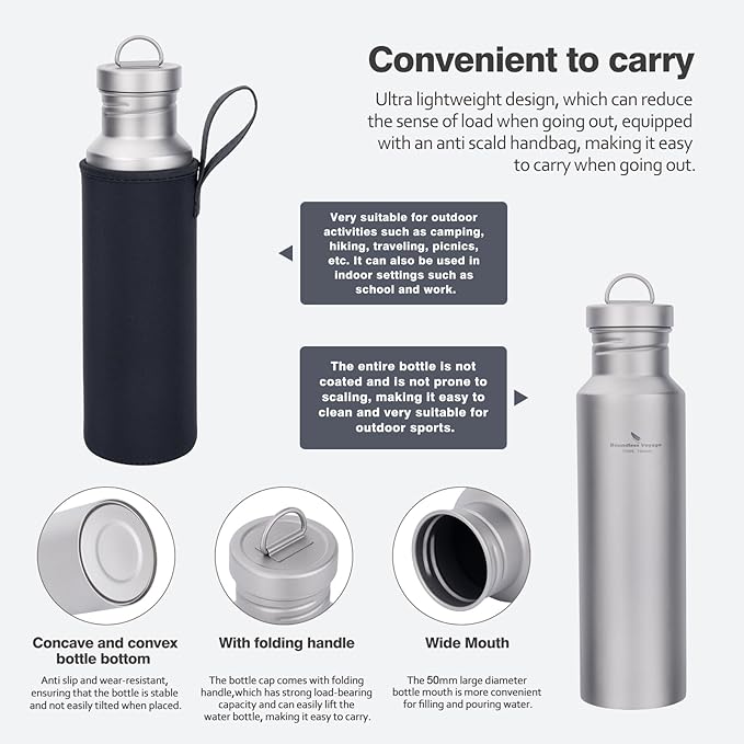 Outdoor 750ml Titanium Sports Bottle with Lid Flask Wide Mouth Water Bottle Canteen Drinking Bottle for Camping Cycling Hiking Ti3253d