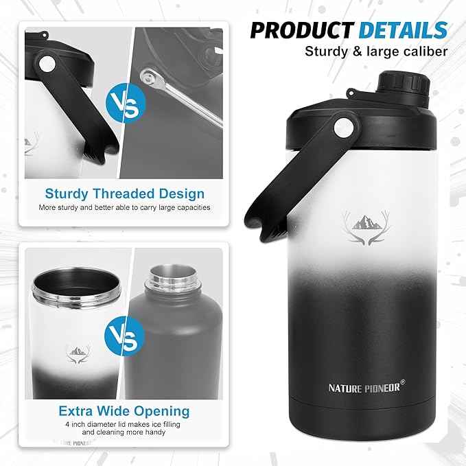 NATURE PIONEOR 64 oz Insulated Water Bottle - Double Vacuum Stainless Steel Half Gallon Water Jug with Holder/Carrier, Wide Mouth, Outdoor Sports, Hiking, Camping, Gym
