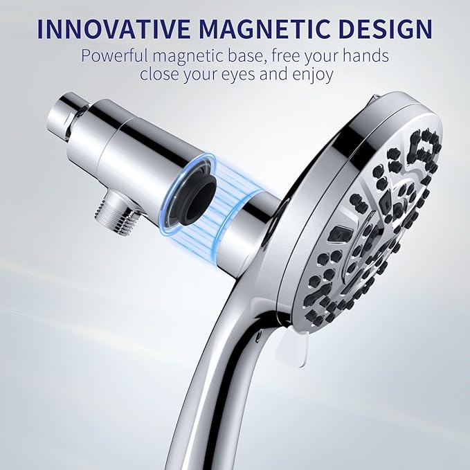 Magnetic Handheld Shower Head with Filter, High Pressure 10-Spray-Mode Detachable Shower Head with 60-Inch Hose, Powerful Hand Held Shower Head for Low Water Pressure(head,silver)