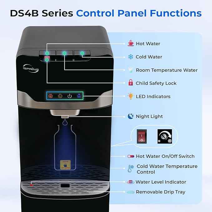 iSpring Bottleless Water Dispenser with Built-in 4-Stage Filtration, Chloramine Removal, Water Cooler Dispenser - Hot, Cold, Room Temp, Self Cleaning, Black，Model: DS4B-NC
