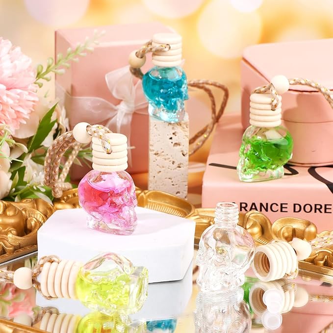 60 Pcs Hanging Car Air Freshener Car Diffuser Bottle Empty Glass Perfume Bottles Air Freshener Diffuser Bottle Pendant for Essential Oils Fragrance Aromatherapy Ornament Decor (Skull Style)
