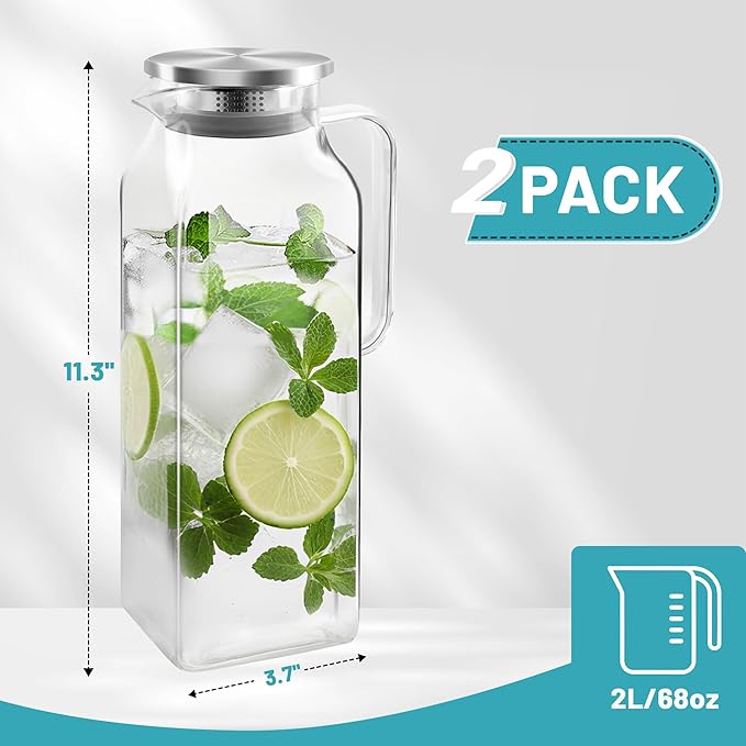 68 oz Square Glass Pitcher with Lid and Spout, 2 Quart Lightweight Water Pitchers for Hot/Cold Drink, Borosilicate Jugs, Heat Resistant, Glass Carafe with Handle,Ideal for Fridge Storage(2Pack)