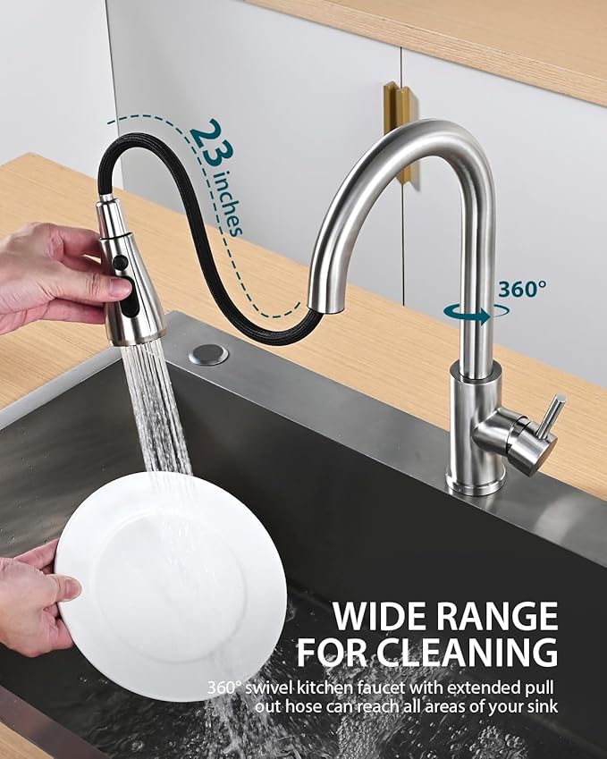 Kitchen Faucet with Pull Down Sprayer, Brushed Nickel High Arc Single Handle Kitchen Sink Faucet for Pot Filler, Stainless Steel Commercial Modern Rv Farmhouse Camper Laundry Bar Sink Faucets