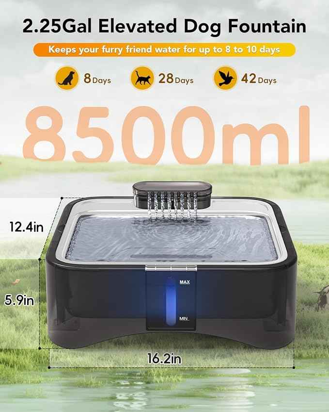 UPSKY 2.25Gal Elevated Dog Water Fountain, 4 Heights Adjustable Pet Fountain for All Dog Sizes, 304 Stainless Steel Tray Indoor Cat Drinking Dispenser with Ultra-Quiet Pump & 2 Replacement Filters