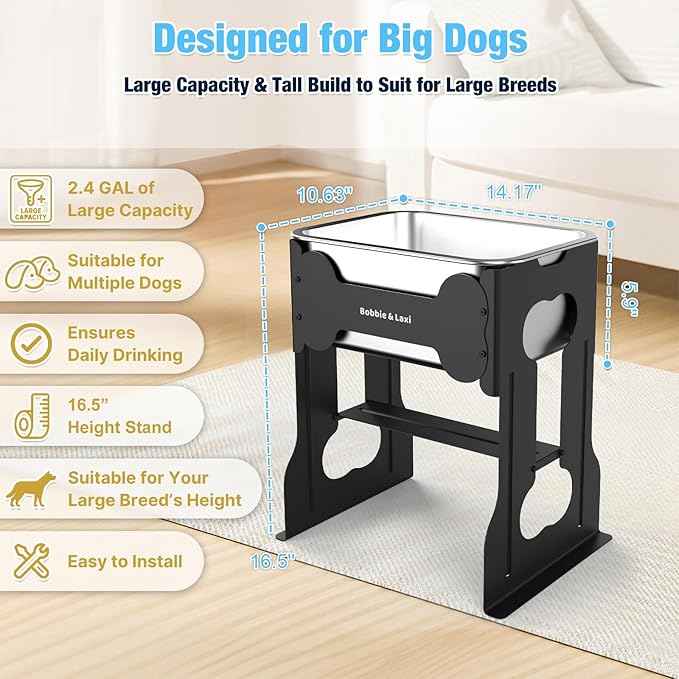 2.4 Gallon Elevated Large Dog Water Bowl,16" Raised Stainless Steel Bowl with Stand for Large Breed, Full Metal Dog Feeding Station for Relief Joint Pressure, Easy Clean for Indoor & Outdoor Uses