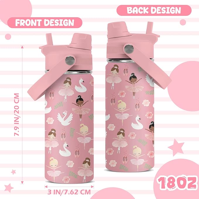 Gift for Ballerina Girls, 18oz Ballet Water Bottle with 2-in-1 Straw and Spout Lid, Dancer Dancing Kids Insulated Stainless Steel Tumbler Cup, Ballerina Gifts for School Teens Girls