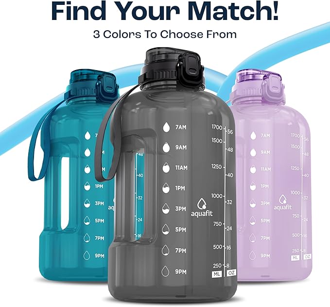 AQUAFIT Half Gallon Water Bottle with Time Marker - Straw & Chug Lid - BPA Free Gym Water Bottle with Straw - Big Gallon Jug (Aqua, 64 oz - 2in1 Lid)