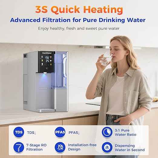 CT910GH Reverse Osmosis Water Filter Countertop, 3S Instant Hot RO Water Filtration System, 7-Stage Water Purifier Removable Pitcher, NSF/ANSI 372,42,58, Reduce TDS PFAS, No Installation