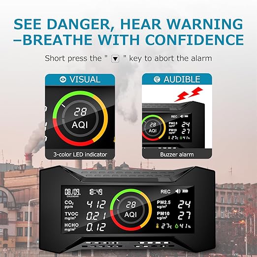 8-in-1 Air Quality Monitor, Air-Guardian AQ Portable Air Quality Tester CO2 Monitor (PM2.5, PM10, CO2, VOC, Formaldehyde, Humidity, Temp)