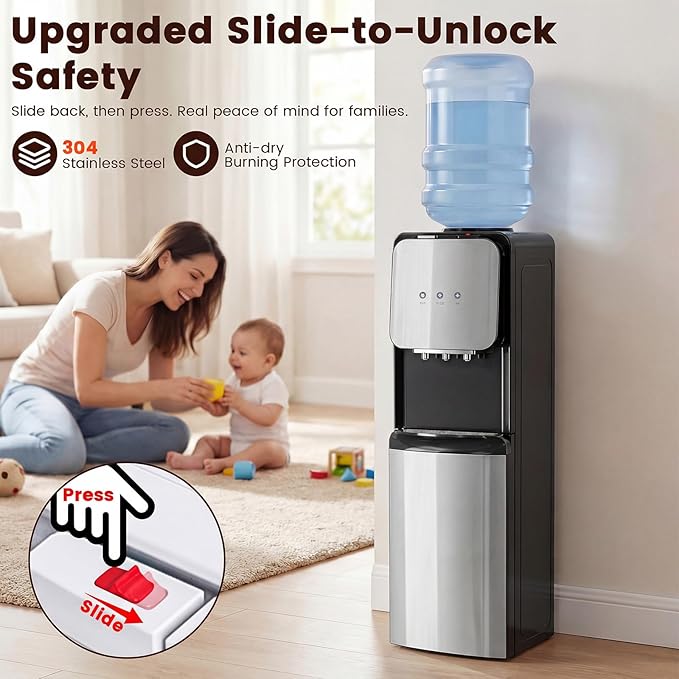 4 in 1 Water Cooler Dispenser with Ice Maker, Hot & Cold Water Dispenser for Home & Office, 33lbs/24H Bullet Ice, Top Loading 3-5 Gallon, Child Safety Lock, Ice Ready in 7 Min (Black -Silver)