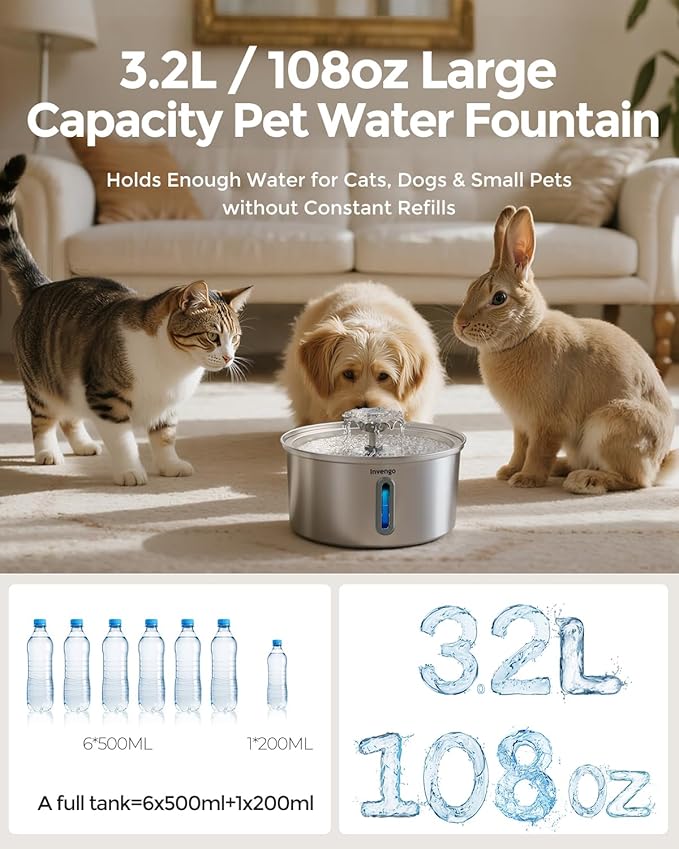 Cat Water Fountain Stainless Steel 3.2L/108oz, Invengo Automatic Pet Fountain for Cats & Dogs, Ultra Quiet <25 dB Pump, Includes 8 Replacement Filters & Sponges, LED Water Level Window, Easy to Clean