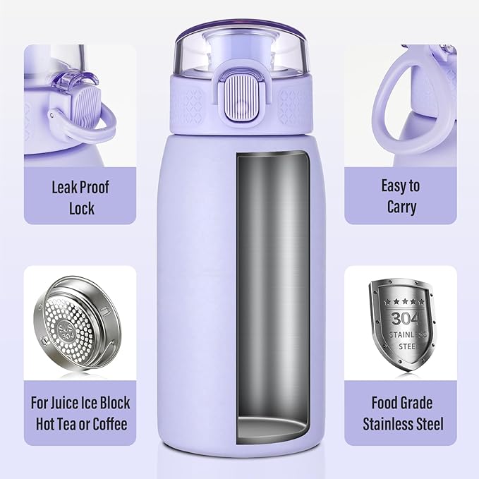 Insulated Water Bottle 12 oz with Dustproof Lid, Carry Handle & Tea Infuser, BPA-Free & Leakproof, Stainless Steel Water Bottles Ideal for Fitness, Hiking, Office & Outdoor Use （Light Purple ）