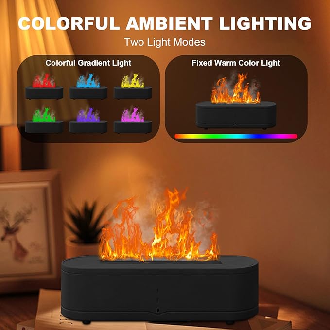 Colorful Fire Flame Humidifier: 260ml Aroma Essential Oil Spray Diffusers Ultrasonic Volcano Humidifier Noiseless with Timer Auto-Off 7 Flame Colors Cool Mist Diffusers for Home,Office,Yoga(Black)