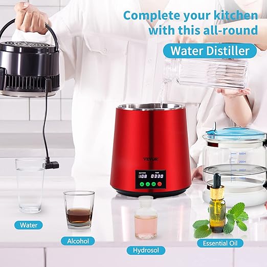 VEVOR 1.1Gal Water Distiller, 0.3Gal/H, Distilled Water Maker Machine 750W 0-99H Timing Setting Temp Display, 304 Stainless Steel Countertop Distiller Glass Carafe Cleaning Powder 3 Carbon Packs, Red