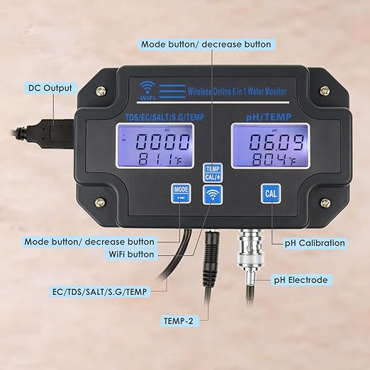 EC pH Monitor for Hydroponics, 6-in-1 Water Quality Tester with Wi-Fi, pH Meter Tester, Continuous Monitor of pH PPM EC CF Humidity Temp of Indoor DWC Grow System,Hydro Reservoir Tank