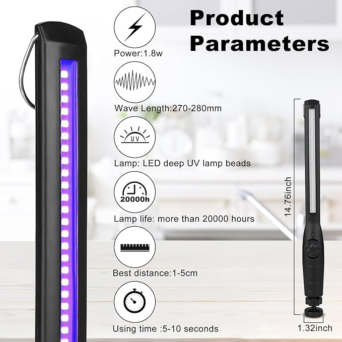 Travel UV Light Sanitizer Wand, Home Disinfection Device,Portable UV Light Disinfection Lamp USB Rechargeable