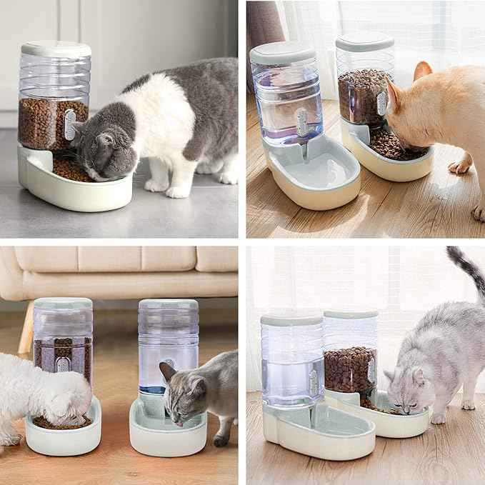 Automatic Dog Cat Feeder and Water Dispenser Gravity Food Feeder and Waterer Set with Pet Food Bowl for Small Medium Dog Puppy Kitten, Large Capacity 1 Gallon x 2(Grey)